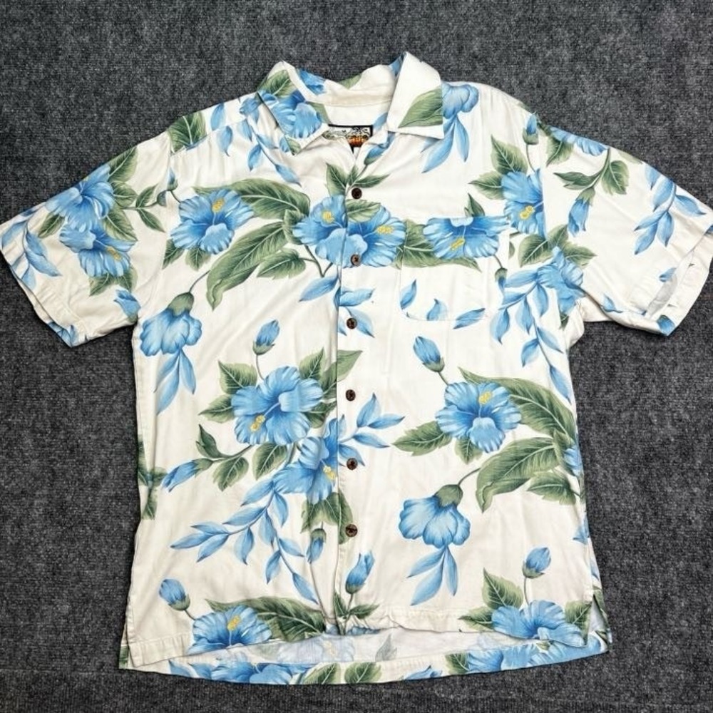 Havana Jack's Cafe Shirt Mens Size M Beige Blue Flowers Green‎ Leaf 100% Rayon